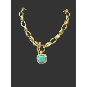 Gold Square Turquoise Pendant Necklace Toggle Closure 17"